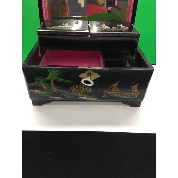 Vintage Japanese Lacquered Music Jewelry Box with Key Black 1950s - Sound Works - Picture 13 of 16